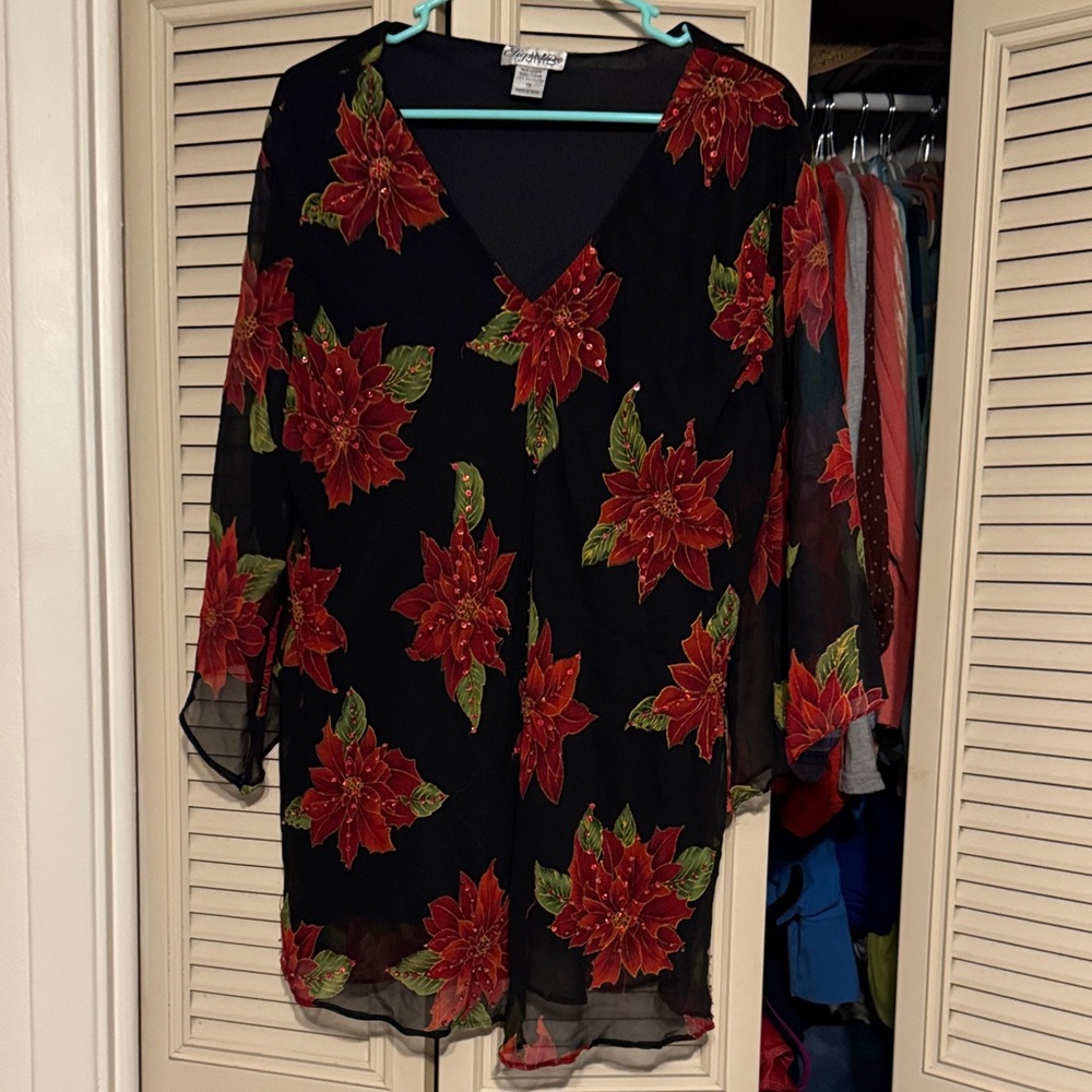 Signature Black Tunic with Red and Green Floral Accents